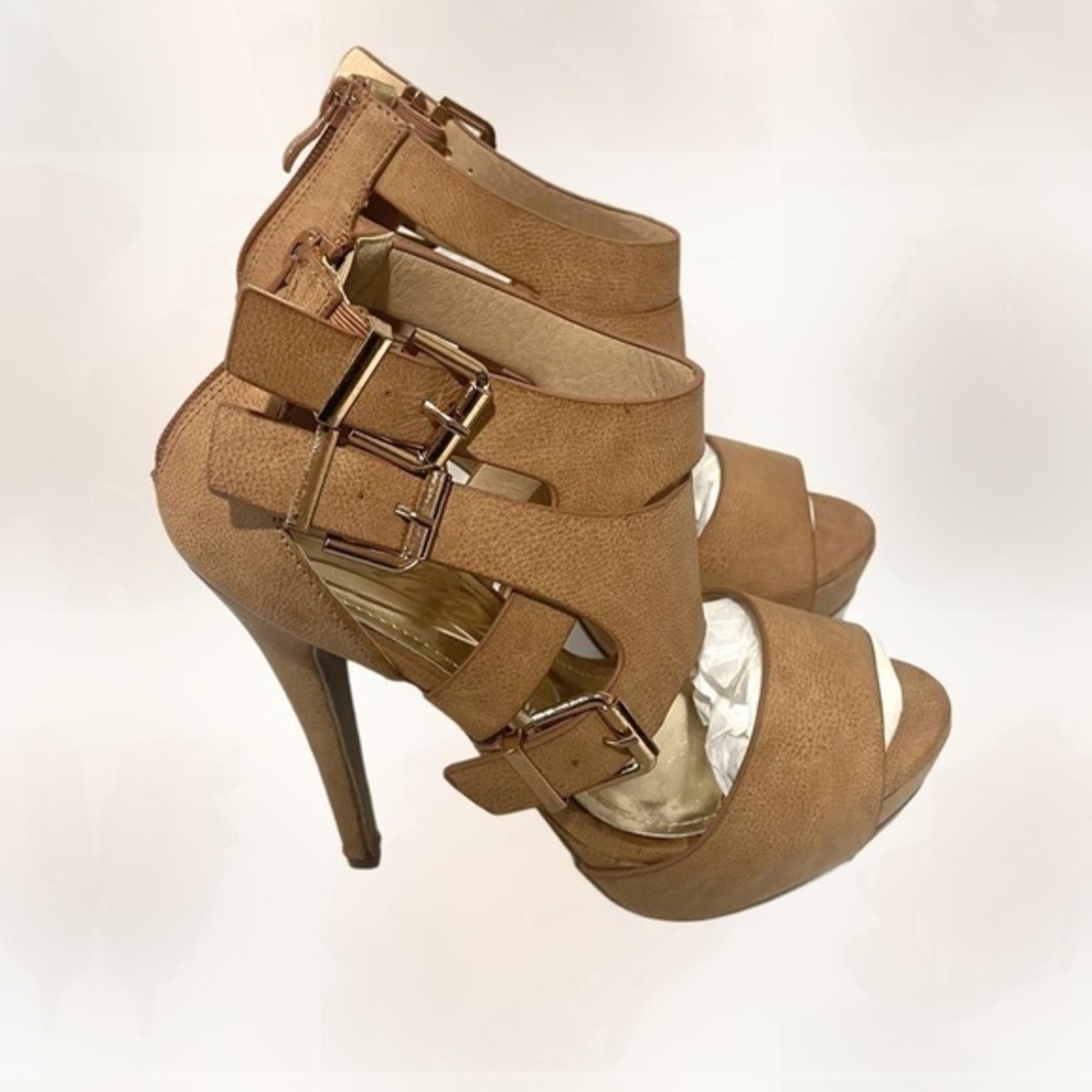 CATHY DIN  tan caged peep toe platform heels size 7.5